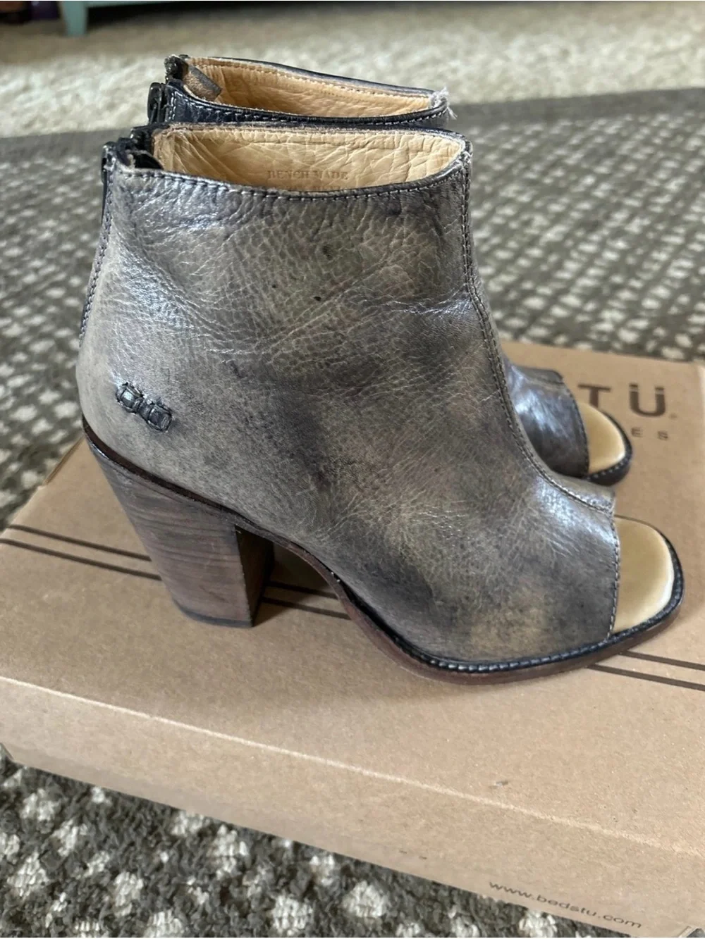 Bed Stu Driftwood Open-Toe Block Heel Booties 8.5